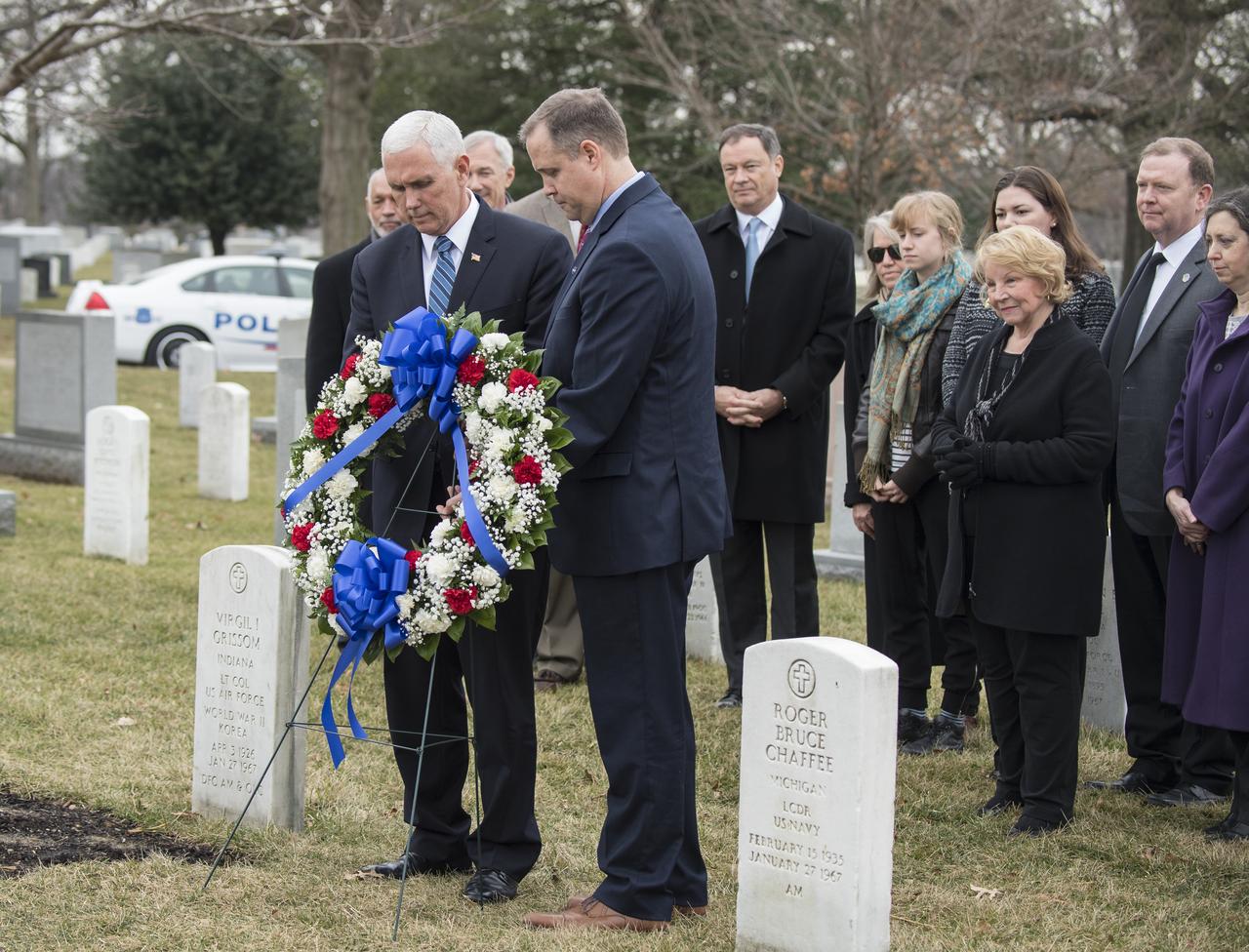 Vice President Mike Pence and NASA Administrator Jim Bridenstine lay a wreath at the grave markers of Virgil "Gus" Grissom and Roger Chaffee, from Apollo 1, as part of NASA's Day of Remembrance, Thursday, Feb. 7, 2019, at Arlington National Cemetery in Arlington, Va.  Wreaths were laid in memory of those men and women who lost their lives in the quest for space exploration.  Photo Credit: (NASA/Aubrey Gemignani)