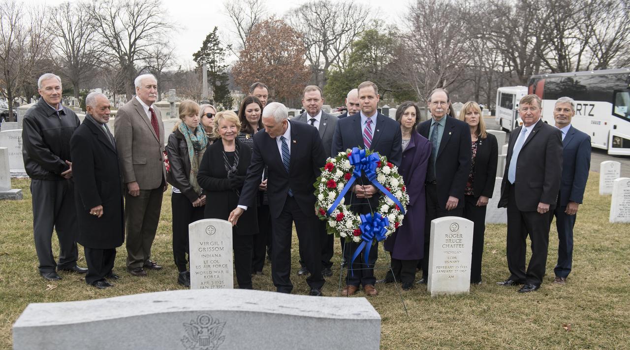 Vice President Mike Pence observes the grave marker of Virgil "Gus" Grissom, from Apollo 1, after family and friends of astronauts lost in the Challenger and Columbia missions, former NASA Administrators, and other NASA staff participated in a wreath laying ceremony that was part of NASA's Day of Remembrance, Thursday, Feb. 7, 2019, at Arlington National Cemetery in Arlington, Va.  Wreaths were laid in memory of those men and women who lost their lives in the quest for space exploration.  Photo Credit: (NASA/Aubrey Gemignani)
