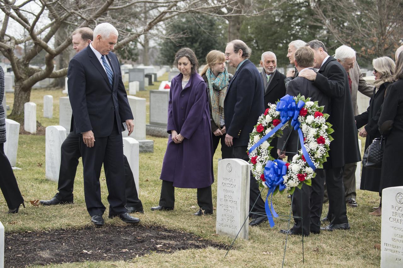 Vice President Mike Pence observes the grave marker of Virgil "Gus" Grissom from Apollo 1, after a wreath laying ceremony that was part of NASA's Day of Remembrance, Thursday, Feb. 7, 2019, at Arlington National Cemetery in Arlington, Va.  Wreaths were laid in memory of those men and women who lost their lives in the quest for space exploration.  Photo Credit: (NASA/Aubrey Gemignani)