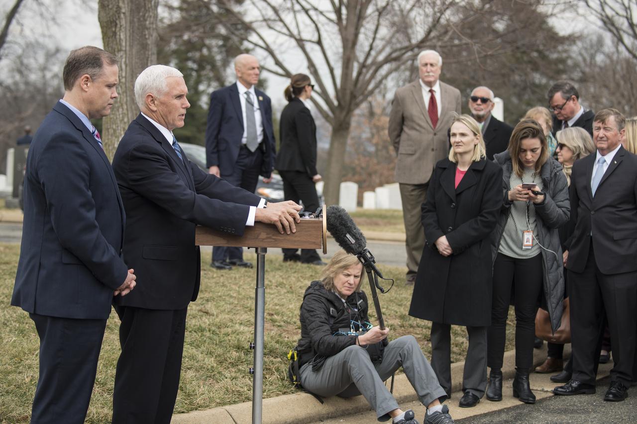 Vice President Mike Pence speaks to NASA personnel and others during a wreath laying ceremony as part of NASA's Day of Remembrance, Thursday, Feb. 7, 2019, at Arlington National Cemetery in Arlington, Va. The wreaths were laid in memory of those men and women who lost their lives in the quest for space exploration.  Photo Credit: (NASA/Aubrey Gemignani)