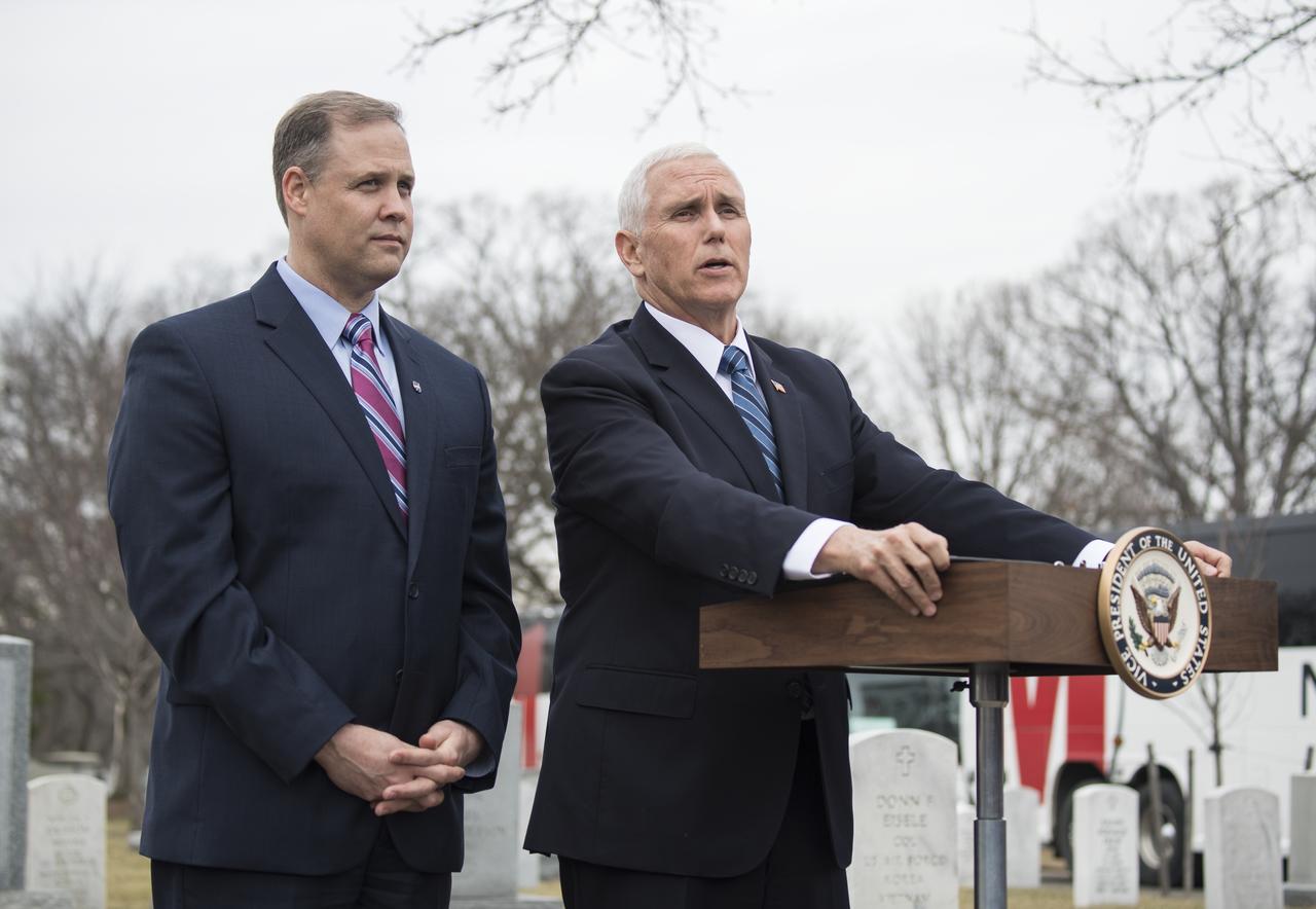 Vice President Mike Pence speaks to NASA personnel and others during a wreath laying ceremony as part of NASA's Day of Remembrance, Thursday, Feb. 7, 2019, at Arlington National Cemetery in Arlington, Va. The wreaths were laid in memory of those men and women who lost their lives in the quest for space exploration.  Photo Credit: (NASA/Aubrey Gemignani)