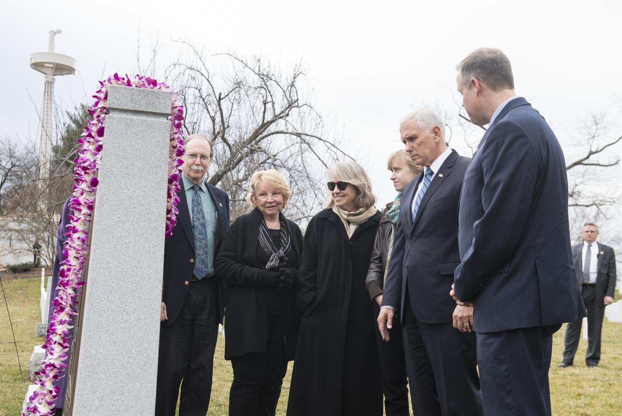 From left to right, Chuck Resnik, brother of Challenger Mission Specialist Judith Resnik; June Scobee-Rodgers, widow of Challenger Commander Dick Scobee; Kristy Carroll, friend of Space Shuttle Columbia pilot William McCool, daughter Vivian Carroll; Vice President Mike Pence, and NASA Administrator Jim Bridenstine visit the Space Shuttle Columbia Memorial after a wreath laying ceremony that was part of NASA's Day of Remembrance, Thursday, Feb. 7, 2019, at Arlington National Cemetery in Arlington, Va. Wreaths were laid in memory of those men and women who lost their lives in the quest for space exploration.  Photo Credit: (NASA/Aubrey Gemignani)