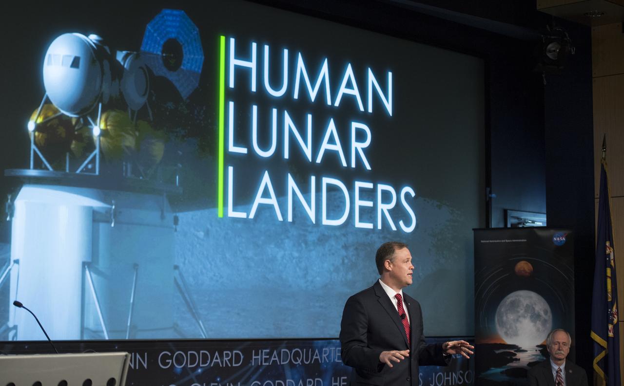 NASA Administrator Jim Bridenstine speaks at the opening of an industry forum on the agency's lunar exploration plans, Thursday, Feb. 14, 2019 at NASA Headquarters in Washington. The agency will work with industry to study and refine the approach to landing on the Moon, which includes a system of three separate elements that will provide astronauts transportation, landing, and safe return. Photo Credit: (NASA/Joel Kowsky)