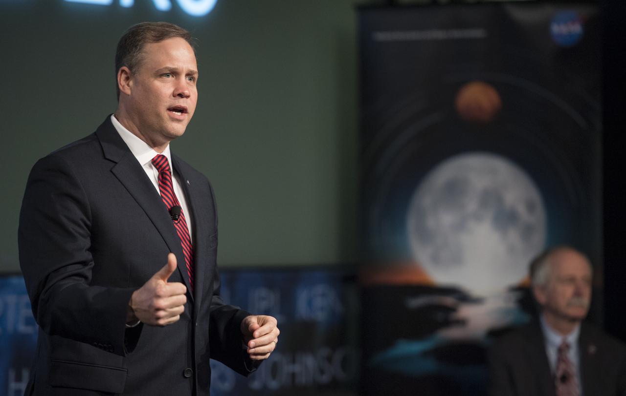 NASA Administrator Jim Bridenstine speaks at the opening of an industry forum on the agency's lunar exploration plans, Thursday, Feb. 14, 2019 at NASA Headquarters in Washington. The agency will work with industry to study and refine the approach to landing on the Moon, which includes a system of three separate elements that will provide astronauts transportation, landing, and safe return. Photo Credit: (NASA/Joel Kowsky)