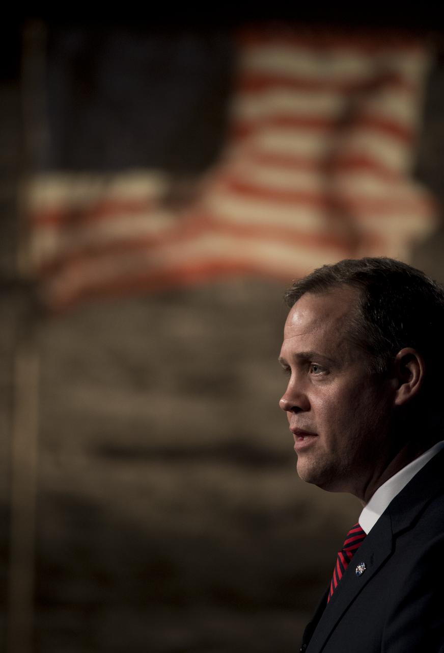 NASA Administrator Jim Bridenstine speaks at the opening of an industry forum on the agency's lunar exploration plans, Thursday, Feb. 14, 2019 at NASA Headquarters in Washington. The agency will work with industry to study and refine the approach to landing on the Moon, which includes a system of three separate elements that will provide astronauts transportation, landing, and safe return. Photo Credit: (NASA/Joel Kowsky)