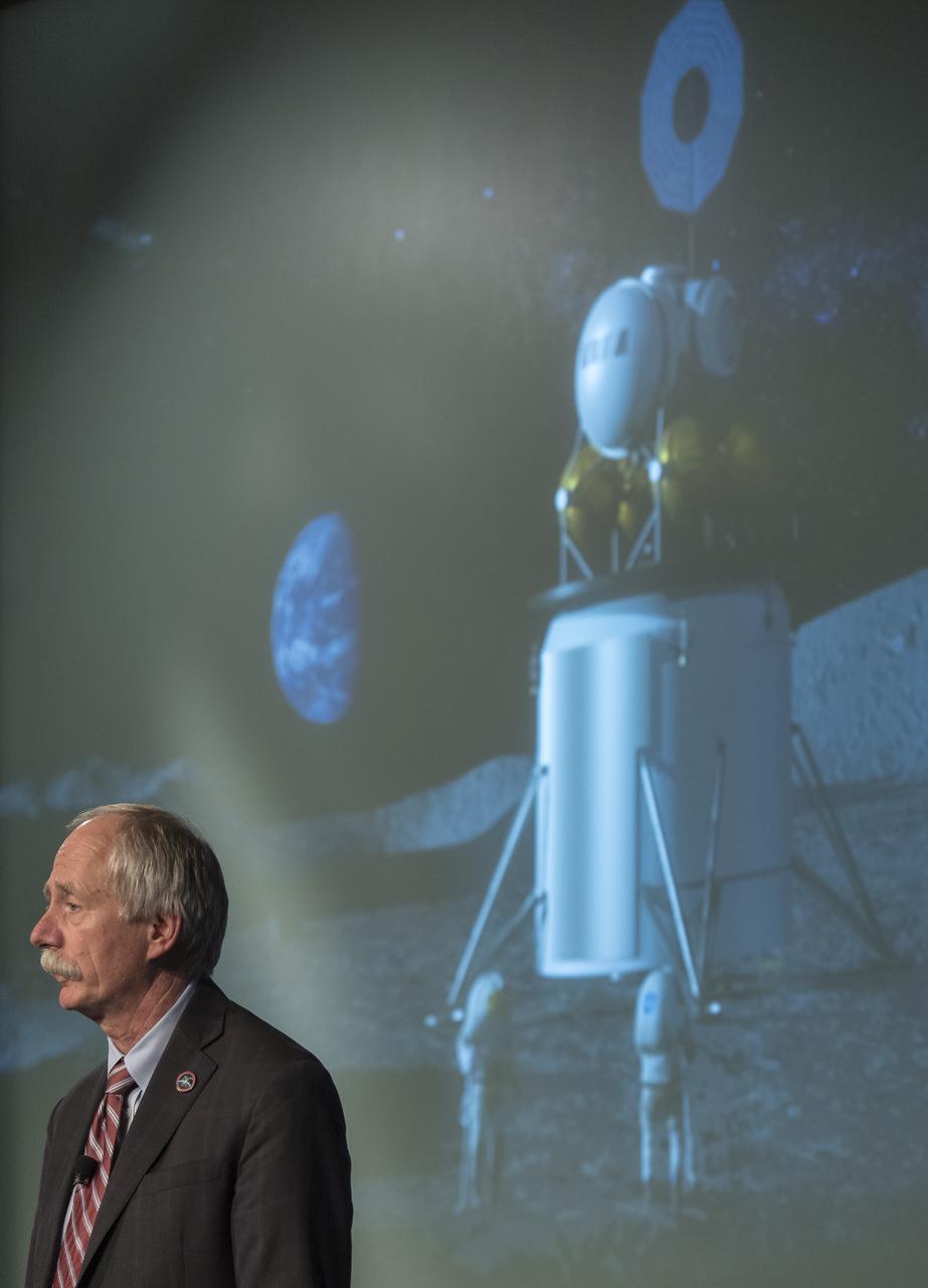 NASA Associate Administrator for the Human Exploration and Operations Mission Directorate William Gerstenmaier speaks at the opening of an industry forum on the agency's lunar exploration plans, Thursday, Feb. 14, 2019 at NASA Headquarters in Washington. The agency will work with industry to study and refine the approach to landing on the Moon, which includes a system of three separate elements that will provide astronauts transportation, landing, and safe return. Photo Credit: (NASA/Joel Kowsky)