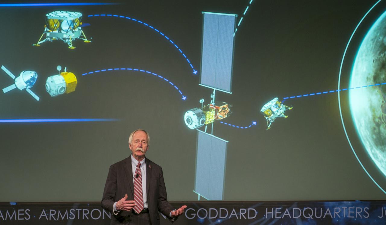 NASA Associate Administrator for the Human Exploration and Operations Mission Directorate William Gerstenmaier speaks at the opening of an industry forum on the agency's lunar exploration plans, Thursday, Feb. 14, 2019 at NASA Headquarters in Washington. The agency will work with industry to study and refine the approach to landing on the Moon, which includes a system of three separate elements that will provide astronauts transportation, landing, and safe return. Photo Credit: (NASA/Joel Kowsky)