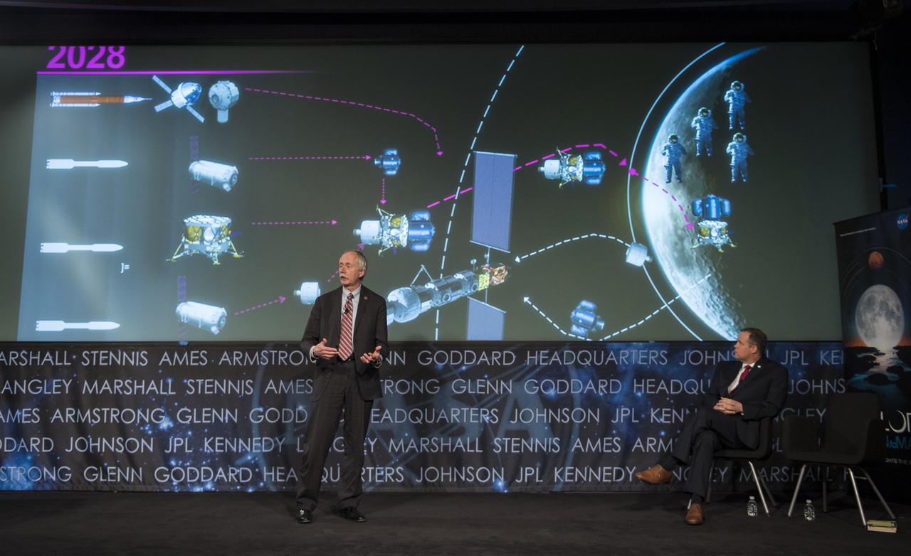 NASA Associate Administrator for the Human Exploration and Operations Mission Directorate William Gerstenmaier speaks at the opening of an industry forum on the agency's lunar exploration plans, Thursday, Feb. 14, 2019 at NASA Headquarters in Washington. The agency will work with industry to study and refine the approach to landing on the Moon, which includes a system of three separate elements that will provide astronauts transportation, landing, and safe return. Photo Credit: (NASA/Joel Kowsky)