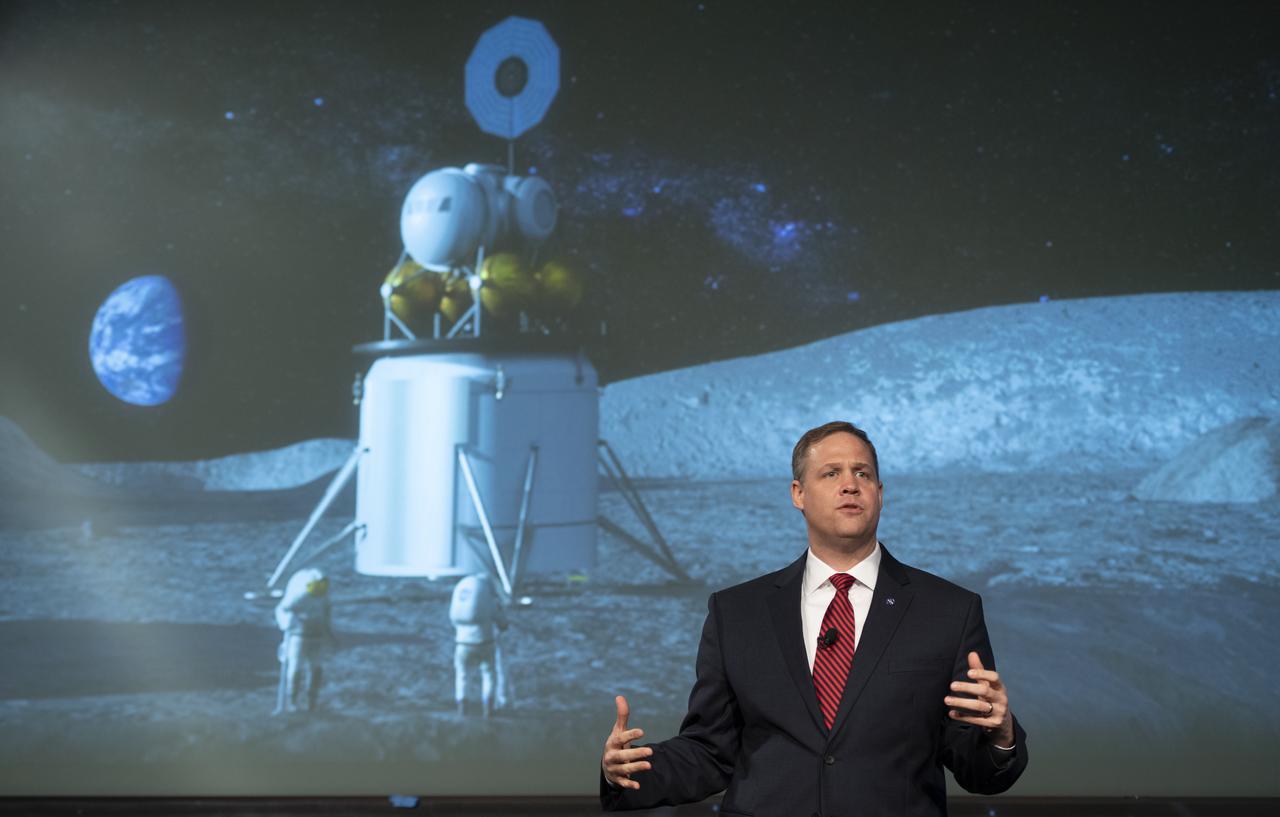NASA Administrator Jim Bridenstine speaks at the opening of an industry forum on the agency's lunar exploration plans, Thursday, Feb. 14, 2019 at NASA Headquarters in Washington. The agency will work with industry to study and refine the approach to landing on the Moon, which includes a system of three separate elements that will provide astronauts transportation, landing, and safe return. Photo Credit: (NASA/Joel Kowsky)