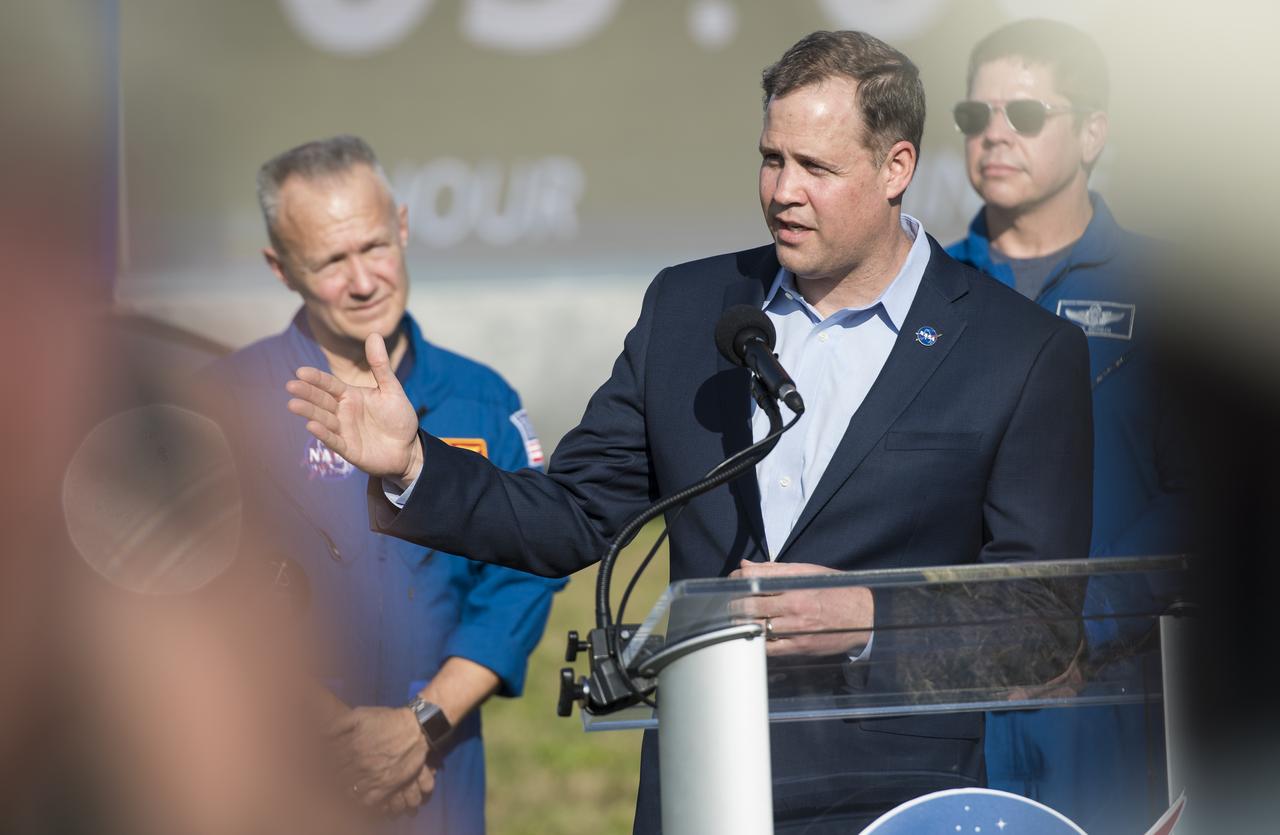 NASA Administrator Jim Bridenstine answers a question during a press conference ahead of the SpaceX Demo-1 mission, Friday, March 1, 2019 at the Kennedy Space Center in Florida. The Demo-1 mission will be the first launch of a commercially built and operated American spacecraft and space system designed for humans as part of NASA's Commercial Crew Program. The mission, currently targeted for a 2:49am launch on March 2, will serve as an end-to-end test of the system's capabilities. Photo Credit: (NASA/Joel Kowsky)