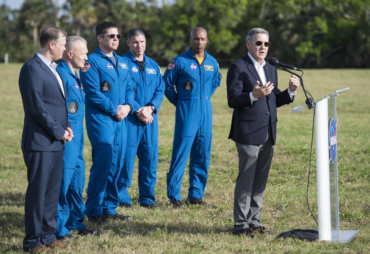 Kennedy Space Center Director Bob Cabana answers questions during a press conference along with NASA Administrator Jim Bridenstine and NASA astronauts Doug Hurley, Bob Behnken, Mike Hopkins, and Victor Glover,  ahead of the SpaceX Demo-1 mission, Friday, March 1, 2019 at the Kennedy Space Center in Florida. The Demo-1 mission will be the first launch of a commercially built and operated American spacecraft and space system designed for humans as part of NASA's Commercial Crew Program. The mission, currently targeted for a 2:49am launch on March 2, will serve as an end-to-end test of the system's capabilities. Photo Credit: (NASA/Joel Kowsky)