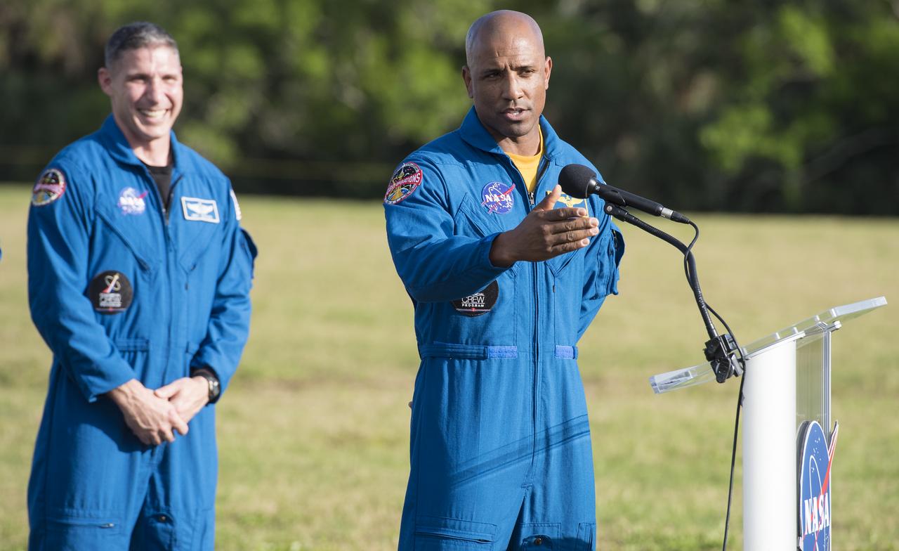 NASA astronaut Victor Glover, who has been assigned to the first operational mission of SpaceX's Crew Dragon, answer a question during a press conference ahead of the SpaceX Demo-1 mission, Friday, March 1, 2019 at the Kennedy Space Center in Florida. The Demo-1 mission will be the first launch of a commercially built and operated American spacecraft and space system designed for humans as part of NASA's Commercial Crew Program. The mission, currently targeted for a 2:49am launch on March 2, will serve as an end-to-end test of the system's capabilities. Photo Credit: (NASA/Joel Kowsky)