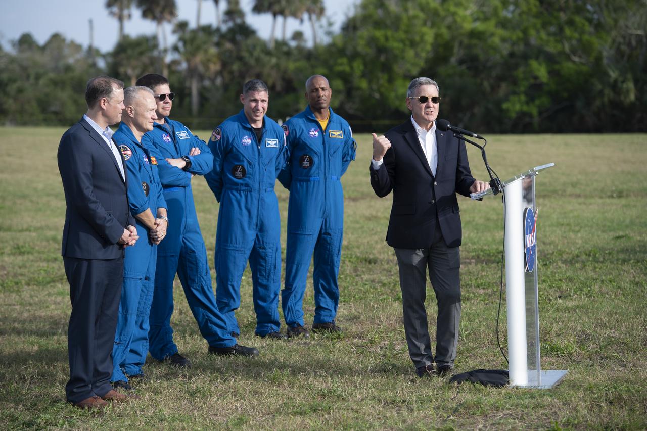 Kennedy Space Center Director Bob Cabana answers questions during a press conference along with NASA Administrator Jim Bridenstine and NASA astronauts Doug Hurley, Bob Behnken, Mike Hopkins, and Victor Glover,  ahead of the SpaceX Demo-1 mission, Friday, March 1, 2019 at the Kennedy Space Center in Florida. The Demo-1 mission will be the first launch of a commercially built and operated American spacecraft and space system designed for humans as part of NASA's Commercial Crew Program. The mission, currently targeted for a 2:49am launch on March 2, will serve as an end-to-end test of the system's capabilities. Photo Credit: (NASA/Joel Kowsky)