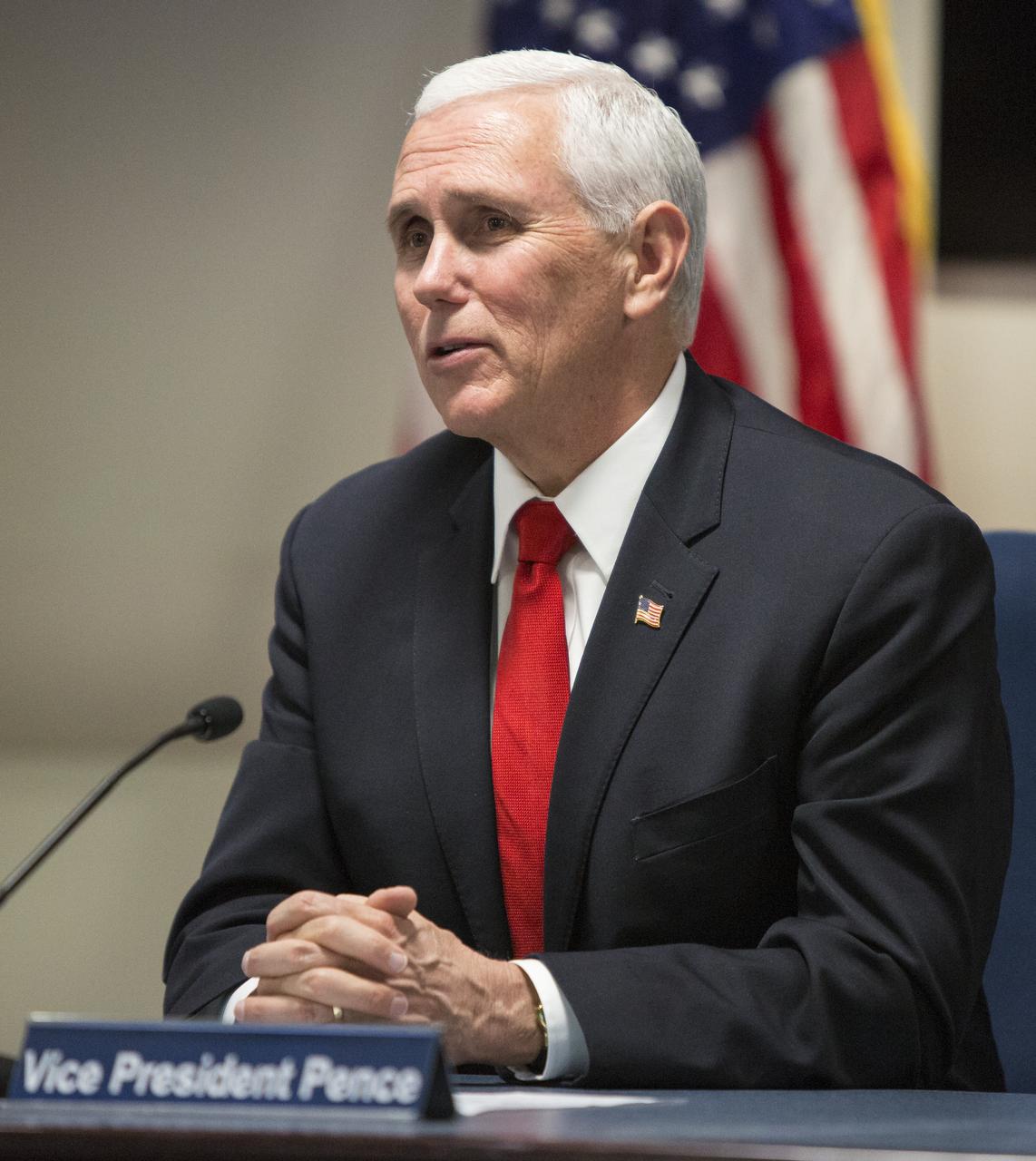Vice President Mike Pence speaks with Expedition 58 flight engineer Anne McClain of NASA, and flight engineer David Saint-Jacques of the Canadian Space Agency (CSA) who are onboard the International Space Station, Wednesday, March 6, 2019 from the Space Operations Center at NASA Headquarters in Washington. Vice President Pence and Administrator Bridenstine spoke with the astronauts about the arrival of SpaceX's Crew Dragon spacecraft at the International Space Station. Photo Credit: (NASA/Joel Kowsky)