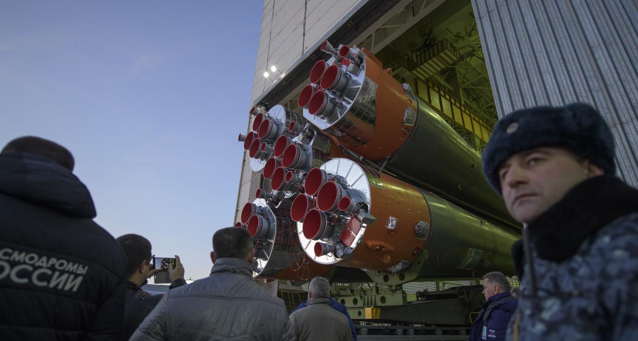 The Soyuz rocket is transported by train to the launch pad, Tuesday, March 12, 2019 at the Baikonur Cosmodrome in Kazakhstan. Expedition 59 crewmembers Nick Hague and Christina Koch of NASA, along with Alexey Ovchinin of Roscosmos, will launch March 14, U.S. time, on the Soyuz MS-12 spacecraft from the Baikonur Cosmodrome for a six-and-a-half month mission on the International Space Station. Photo Credit: (NASA/Bill Ingalls)