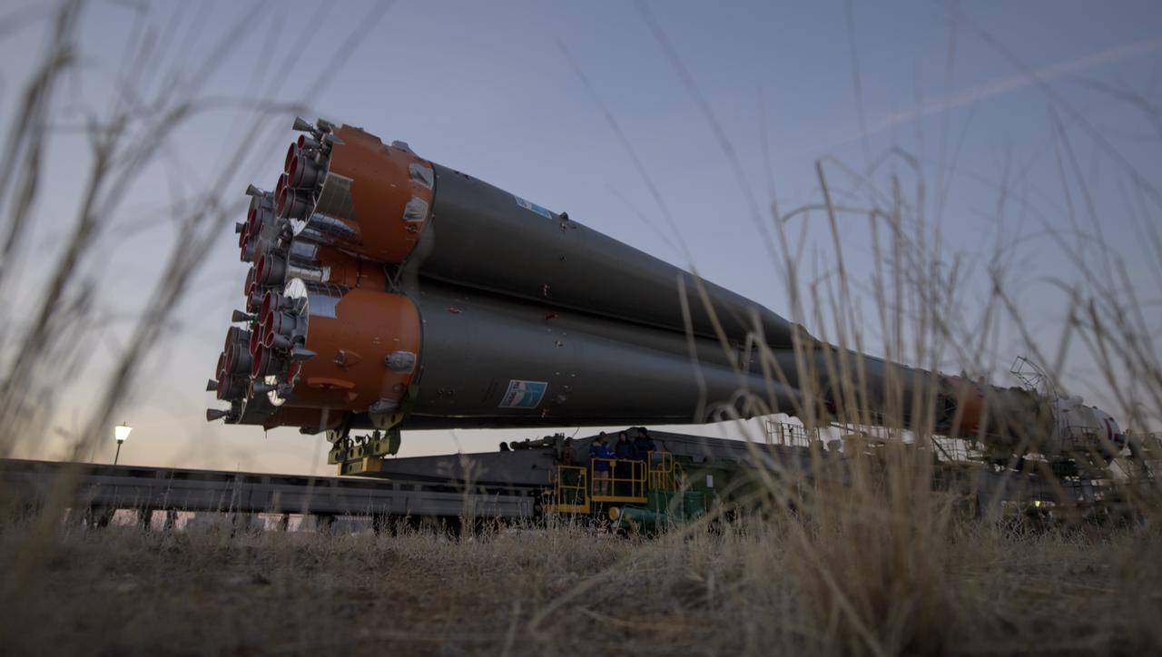 The Soyuz rocket is transported by train to the launch pad, Tuesday, March 12, 2019 at the Baikonur Cosmodrome in Kazakhstan. Expedition 59 crewmembers Nick Hague and Christina Koch of NASA, along with Alexey Ovchinin of Roscosmos, will launch March 14, U.S. time, on the Soyuz MS-12 spacecraft from the Baikonur Cosmodrome for a six-and-a-half month mission on the International Space Station. Photo Credit: (NASA/Bill Ingalls)