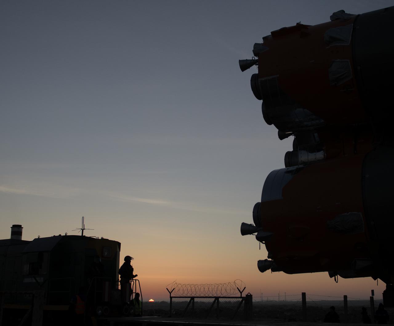 The Soyuz rocket is transported by train to the launch pad, Tuesday, March 12, 2019 at the Baikonur Cosmodrome in Kazakhstan. Expedition 59 crewmembers Nick Hague and Christina Koch of NASA, along with Alexey Ovchinin of Roscosmos, will launch March 14, U.S. time, on the Soyuz MS-12 spacecraft from the Baikonur Cosmodrome for a six-and-a-half month mission on the International Space Station. Photo Credit: (NASA/Bill Ingalls)