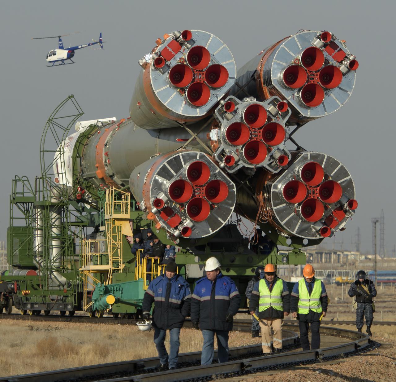 The Soyuz rocket is transported by train to the launch pad, Tuesday, March 12, 2019 at the Baikonur Cosmodrome in Kazakhstan. Expedition 59 crewmembers Nick Hague and Christina Koch of NASA, along with Alexey Ovchinin of Roscosmos, will launch March 14, U.S. time, on the Soyuz MS-12 spacecraft from the Baikonur Cosmodrome for a six-and-a-half month mission on the International Space Station. Photo Credit: (NASA/Bill Ingalls)