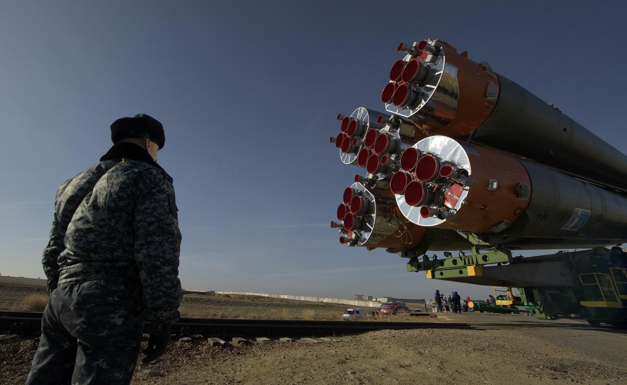 The Soyuz rocket is transported by train to the launch pad, Tuesday, March 12, 2019 at the Baikonur Cosmodrome in Kazakhstan. Expedition 59 crewmembers Nick Hague and Christina Koch of NASA, along with Alexey Ovchinin of Roscosmos, will launch March 14, U.S. time, on the Soyuz MS-12 spacecraft from the Baikonur Cosmodrome for a six-and-a-half month mission on the International Space Station. Photo Credit: (NASA/Bill Ingalls)
