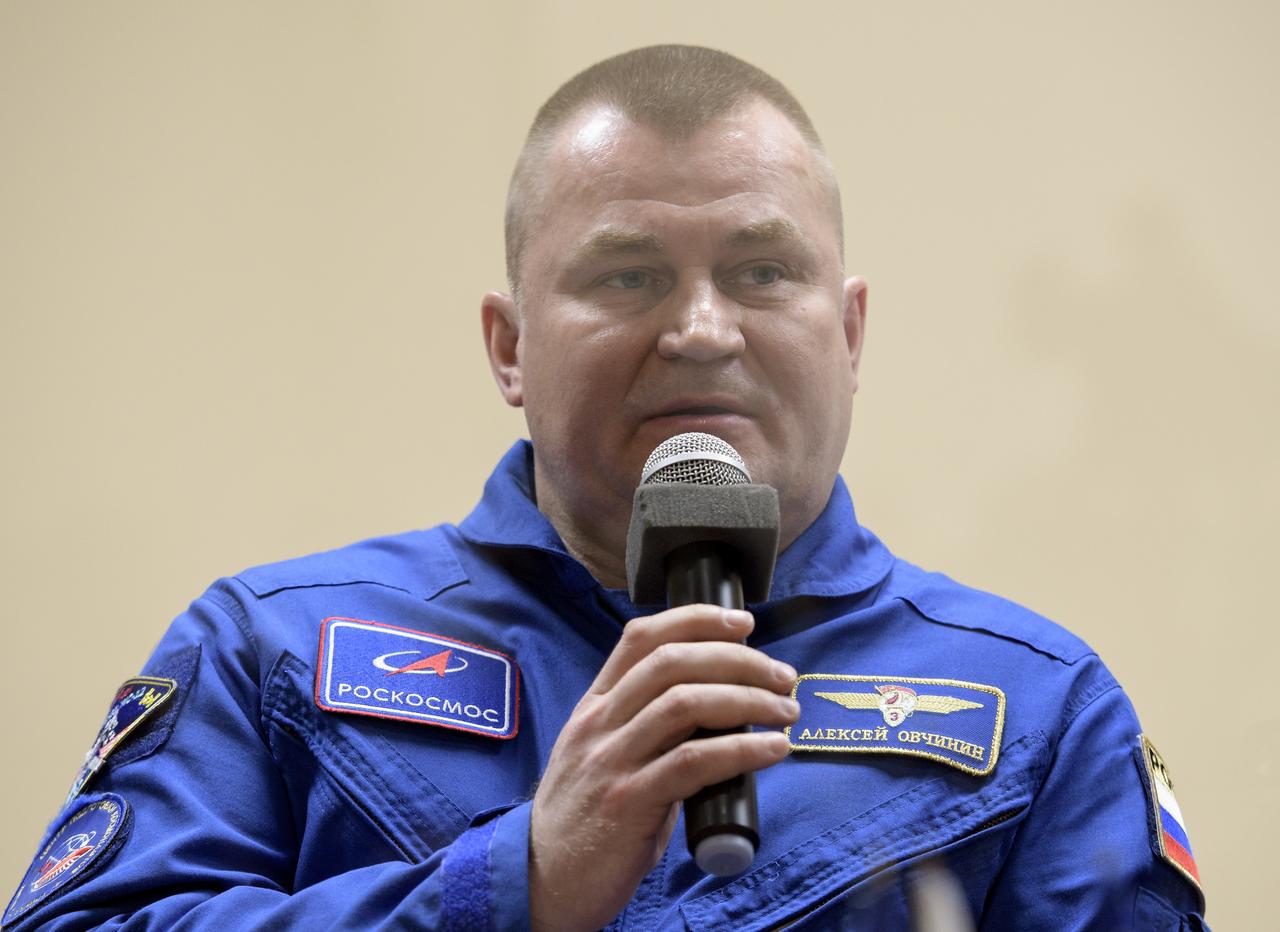 Expedition 59 cosmonaut Alexey Ovchinin of Roscosmos gives remarks during a press conference, Wednesday, March 13, 2019 at the Cosmonaut Hotel in Baikonur, Kazakhstan. Ovchinin and NASA astronauts Christina Koch and Nick Hague will launch March 14, U.S. time, on the Soyuz MS-12 spacecraft from the Baikonur Cosmodrome for a six-and-a-half month mission on the International Space Station. Photo Credit: (NASA/Bill Ingalls)