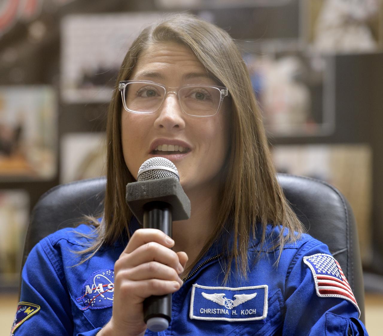 Expedition 59 astronaut Christina Koch of NASA answers questions during a press conference, Wednesday, March 13, 2019 at the Cosmonaut Hotel in Baikonur, Kazakhstan. Koch, NASA astronaut Nick Hague and Alexey Ovchinin of Roscosmos will launch March 14, U.S. time, on the Soyuz MS-12 spacecraft from the Baikonur Cosmodrome for a six-and-a-half month mission on the International Space Station. Photo Credit: (NASA/Bill Ingalls)