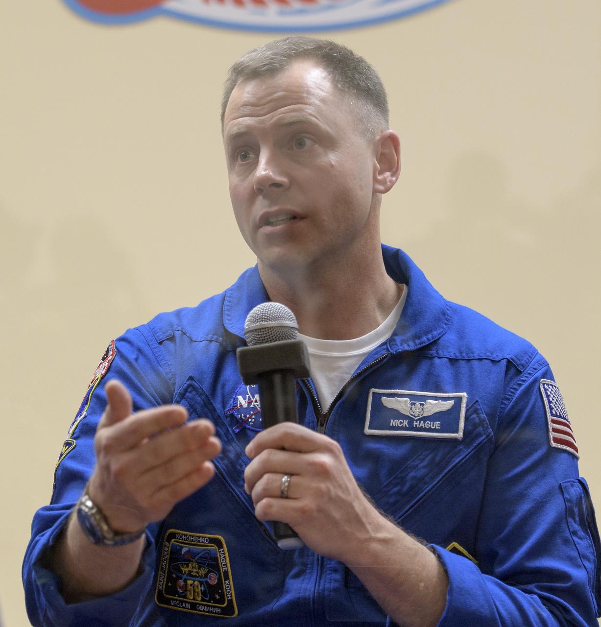 Expedition 59 astronaut Nick Hague of NASA answers questions during a press conference, Wednesday, March 13, 2019 at the Cosmonaut Hotel in Baikonur, Kazakhstan. Hague, NASA astronaut Christina Koch and Alexey Ovchinin of Roscosmos will launch March 14, U.S. time, on the Soyuz MS-12 spacecraft from the Baikonur Cosmodrome for a six-and-a-half month mission on the International Space Station. Photo Credit: (NASA/Bill Ingalls)