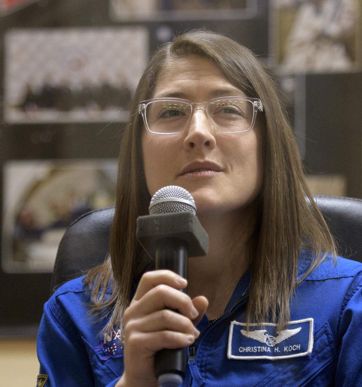 Expedition 59 astronaut Christina Koch of NASA answers questions during a press conference, Wednesday, March 13, 2019 at the Cosmonaut Hotel in Baikonur, Kazakhstan. Koch, NASA astronaut Nick Hague and Alexey Ovchinin of Roscosmos will launch March 14, U.S. time, on the Soyuz MS-12 spacecraft from the Baikonur Cosmodrome for a six-and-a-half month mission on the International Space Station. Photo Credit: (NASA/Bill Ingalls)
