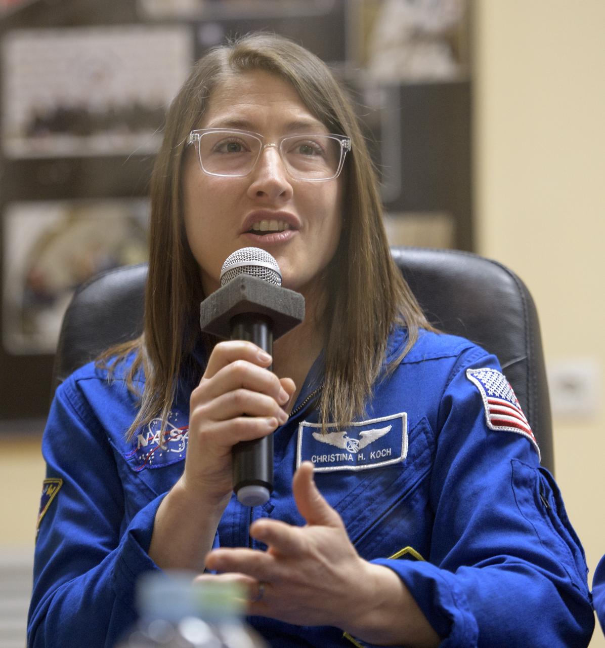 Expedition 59 astronaut Christina Koch of NASA answers questions during a press conference, Wednesday, March 13, 2019 at the Cosmonaut Hotel in Baikonur, Kazakhstan. Koch, NASA astronaut Nick Hague and Alexey Ovchinin of Roscosmos will launch March 14, U.S. time, on the Soyuz MS-12 spacecraft from the Baikonur Cosmodrome for a six-and-a-half month mission on the International Space Station. Photo Credit: (NASA/Bill Ingalls)