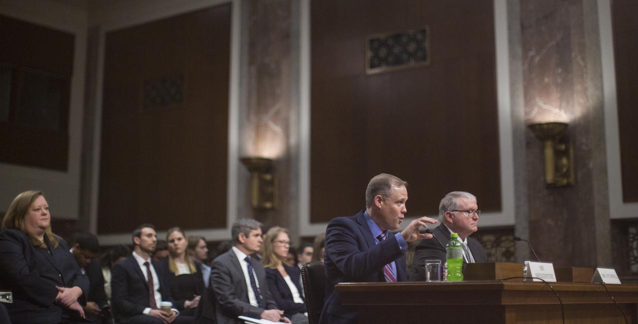 NASA Administrator Jim Bridenstine, left, and Kevin O'Connell, Director of the Office of Space Commerce at the Department of Commerce are seen during a hearing of the Senate Committee on Commerce, Science, and Transportation titled "The New Space Race: Ensuring U.S. Global Leadership on the Final Frontier," Wednesday, March 13, 2019 at the Dirksen Senate Office Building in Washington. Photo Credit: (NASA/Joel Kowsky)