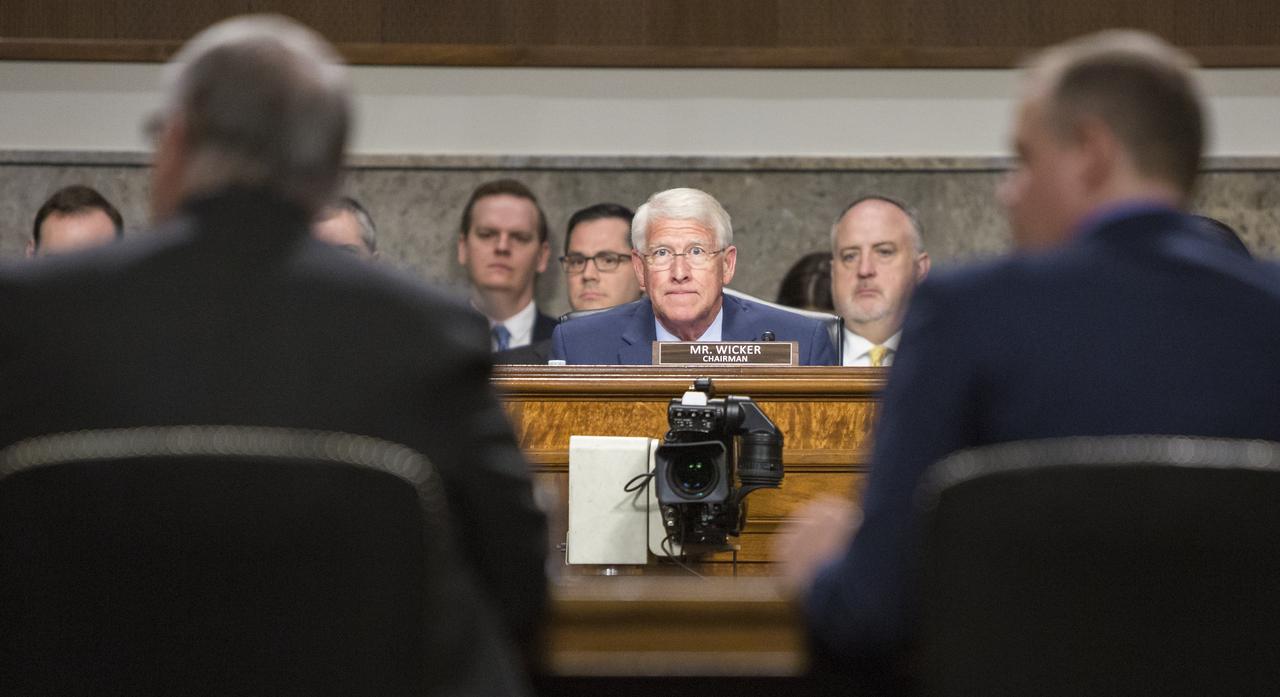 Senator Roger Wicker, R-Miss., Chairman of the Senate Committee on Commerce, Science, and Transportation is seen during a committee hearing titled "The New Space Race: Ensuring U.S. Global Leadership on the Final Frontier," Wednesday, March 13, 2019 at the Dirksen Senate Office Building in Washington. Photo Credit: (NASA/Joel Kowsky)