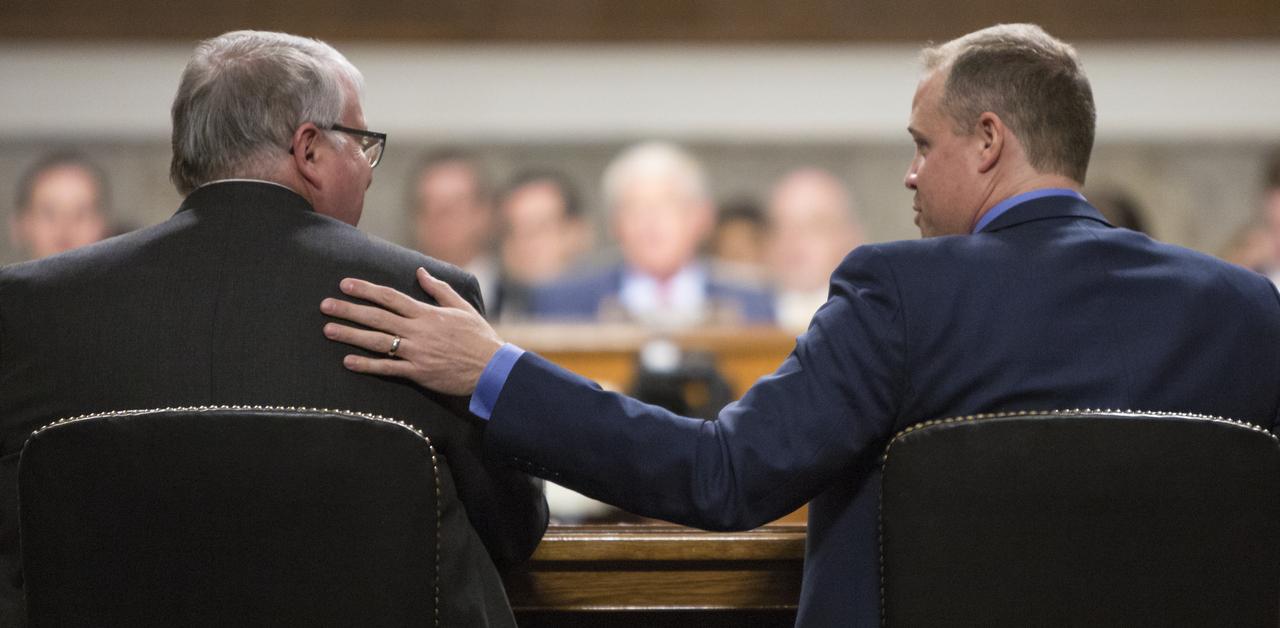 NASA Administrator Jim Bridenstine, right, and Kevin O'Connell, Director of the Office of Space Commerce at the Department of Commerce, left, are seen during a hearing of the Senate Committee on Commerce, Science, and Transportation titled "The New Space Race: Ensuring U.S. Global Leadership on the Final Frontier," Wednesday, March 13, 2019 at the Dirksen Senate Office Building in Washington. Photo Credit: (NASA/Joel Kowsky)