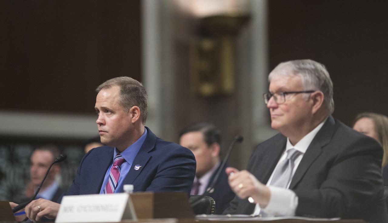 NASA Administrator Jim Bridenstine, left, and Kevin O'Connell, Director of the Office of Space Commerce at the Department of Commerce are seen during a hearing of the Senate Committee on Commerce, Science, and Transportation titled "The New Space Race: Ensuring U.S. Global Leadership on the Final Frontier," Wednesday, March 13, 2019 at the Dirksen Senate Office Building in Washington. Photo Credit: (NASA/Joel Kowsky)