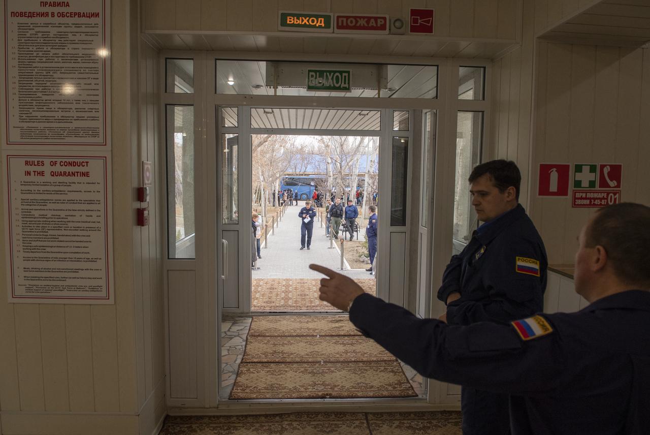 Crowds begin to gather outside the Cosmonaut Hotel prior to Expedition 59 crewmembers Nick Hague and Christina Koch of NASA, and Alexey Ovchinin of Roscosmos departing for their Soyuz launch to the International Space Station, Thursday, March 14, 2019 in Baikonur, Kazakhstan. Hague, Koch, and Ovchinin will launch March 14, U.S. time, on the Soyuz MS-12 spacecraft from the Baikonur Cosmodrome for a six-and-a-half month mission on the International Space Station. Photo Credit: (NASA/Bill Ingalls)