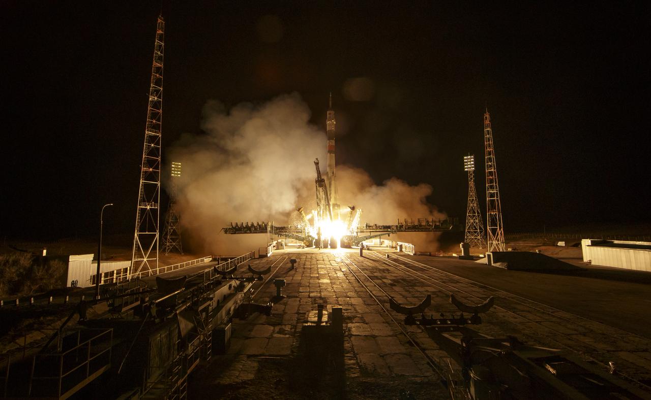 The Soyuz MS-12 spacecraft is launched with Expedition 59 crewmembers Nick Hague and Christina Koch of NASA, along with Alexey Ovchinin of Roscosmos, Friday March 15, 2019, Kazakh time (March 14 Eastern time) at the Baikonur Cosmodrome in Kazakhstan. Hague, Koch, and Ovchinin will spend six-and-a-half months living and working aboard the International Space Station. Photo Credit: (NASA/Bill Ingalls)