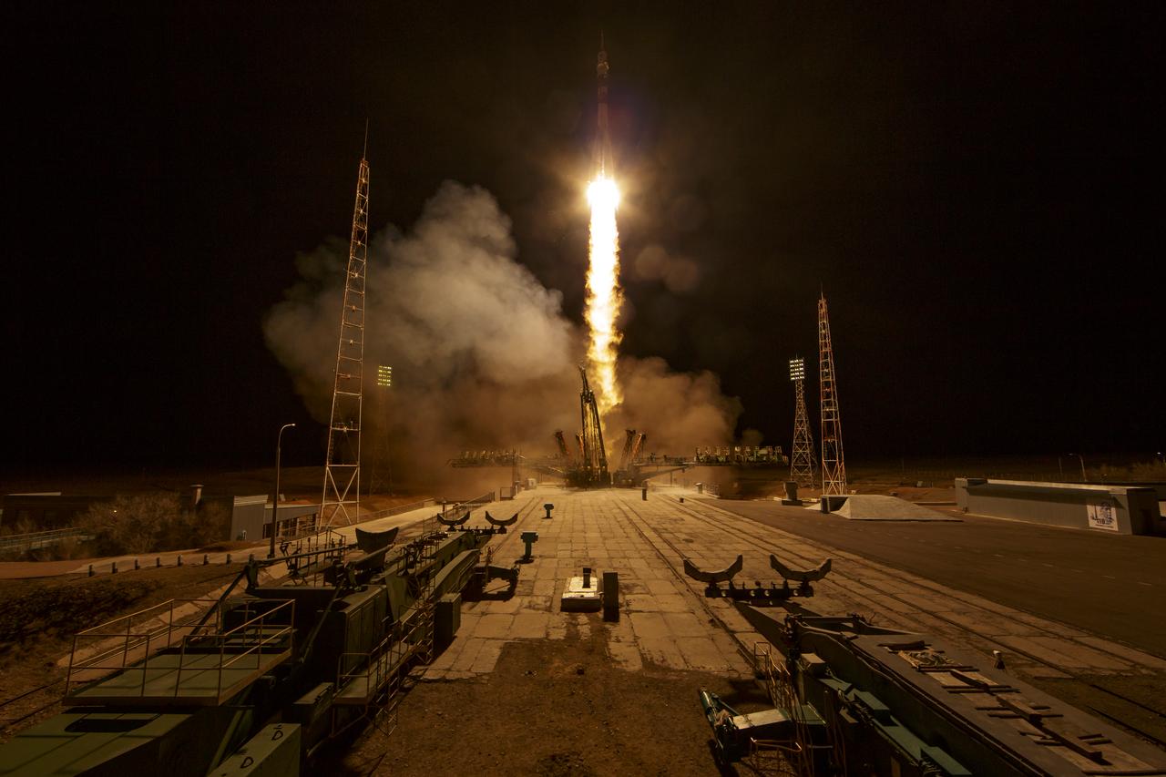 The Soyuz MS-12 spacecraft is launched with Expedition 59 crewmembers Nick Hague and Christina Koch of NASA, along with Alexey Ovchinin of Roscosmos, Friday March 15, 2019, Kazakh time (March 14 Eastern time) at the Baikonur Cosmodrome in Kazakhstan. Hague, Koch, and Ovchinin will spend six-and-a-half months living and working aboard the International Space Station. Photo Credit: (NASA/Bill Ingalls)
