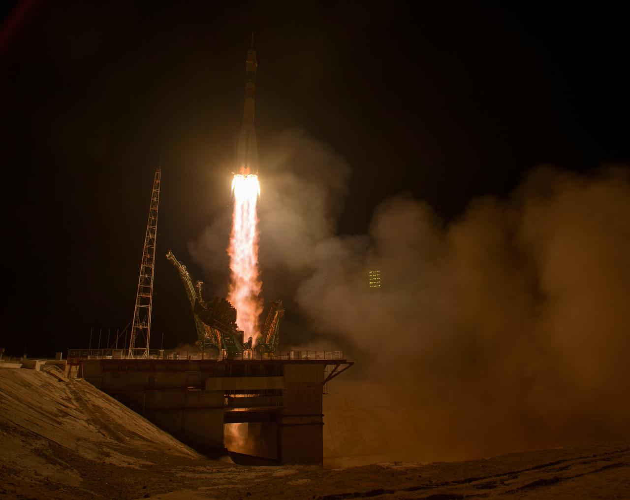 The Soyuz MS-12 spacecraft is launched with Expedition 59 crewmembers Nick Hague and Christina Koch of NASA, along with Alexey Ovchinin of Roscosmos, Friday March 15, 2019, Kazakh time (March 14 Eastern time) at the Baikonur Cosmodrome in Kazakhstan. Hague, Koch, and Ovchinin will spend six-and-a-half months living and working aboard the International Space Station. Photo Credit: (NASA/Bill Ingalls)