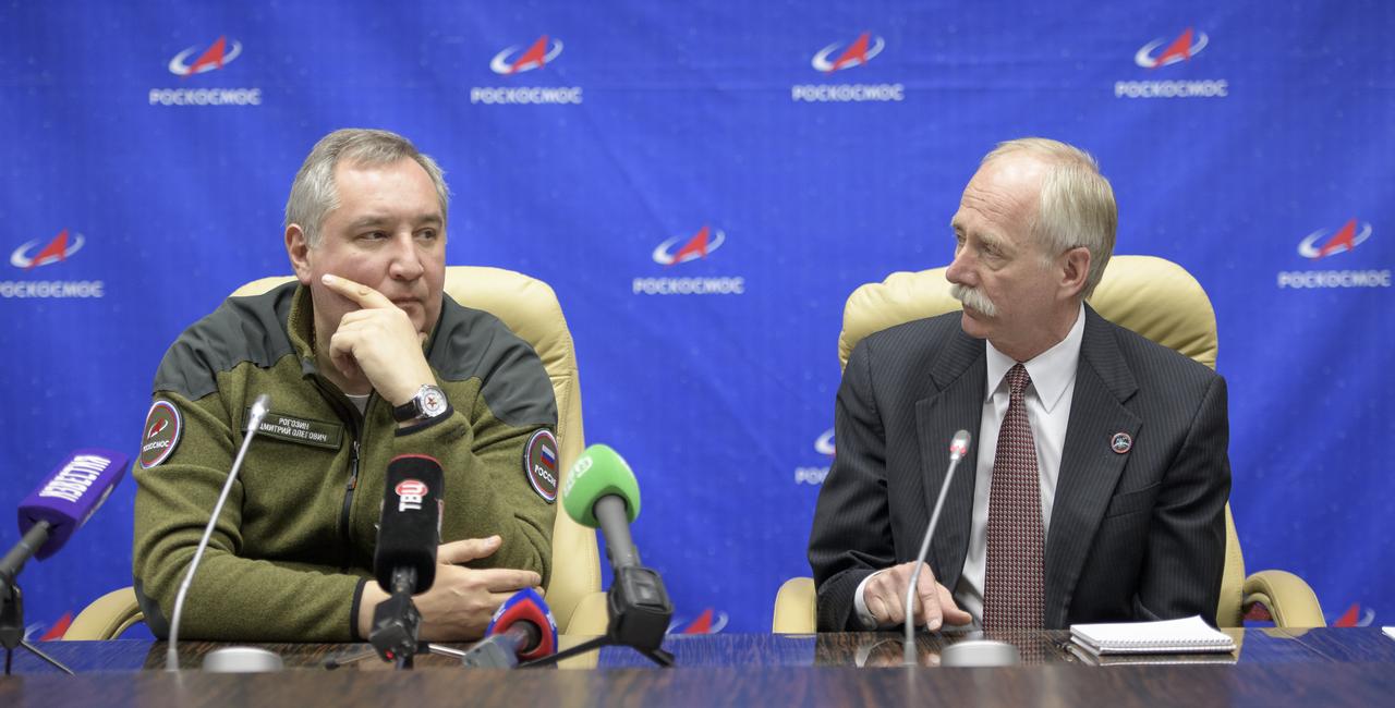 Roscosmos Director General Dmitry Rogozin, left, and NASA Associate Administrator for the Human Exploration and Operations Directorate William Gerstenmaier answer questions during a Expedition 59 post-docking press conference, Friday, March 15, 2019 at the Baikonur Hotel in Baikonur, Kazakhstan. Photo Credit: (NASA/Bill Ingalls)