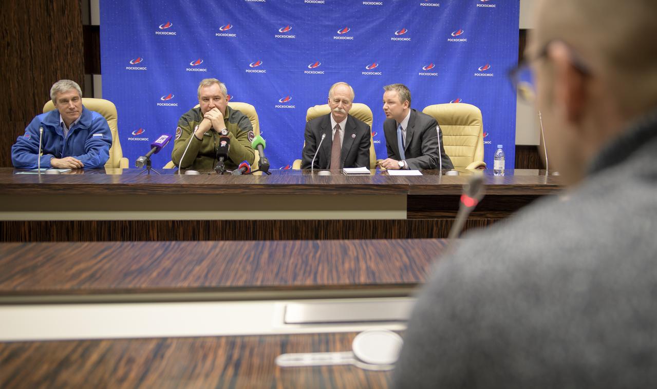 Roscosmos Director of Human Spaceflight Programs Sergei Krikalev, left, Roscosmos Director General Dmitry Rogozin, center, and NASA Associate Administrator for the Human Exploration and Operations Directorate William Gerstenmaier answer questions during a Expedition 59 post-docking press conference, Friday, March 15, 2019 at the Baikonur Hotel in Baikonur, Kazakhstan. Photo Credit: (NASA/Bill Ingalls)