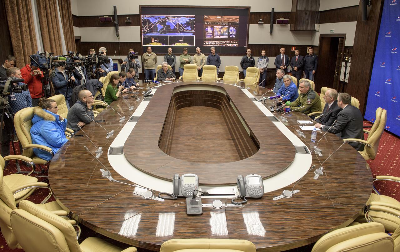 Roscosmos Director of Human Spaceflight Programs Sergei Krikalev, Roscosmos Director General Dmitry Rogozin, and NASA Associate Administrator for the Human Exploration and Operations Directorate William Gerstenmaier answer questions during a Expedition 59 post-docking press conference, Friday, March 15, 2019 at the Baikonur Hotel in Baikonur, Kazakhstan. Photo Credit: (NASA/Bill Ingalls)