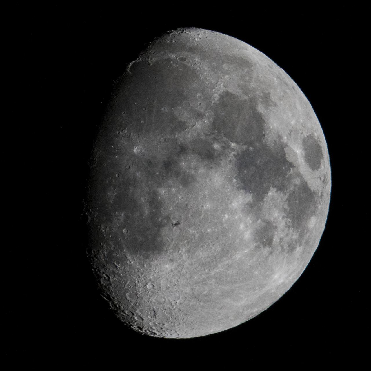 The International Space Station, with a crew of six onboard, is seen in silhouette as it transits the Moon at roughly five miles per second, Saturday, March 16, 2019 from Chantilly, Va. Onboard are Expedition 59 Commander Oleg Kononenko and Alexey Ovchinin of Roscosmos, Anne McClain, Nick Hague, and Christina Koch of NASA, and David Saint-Jacques of the Canadian Space Agency (CSA). Photo Credit: (NASA/Joel Kowsky)