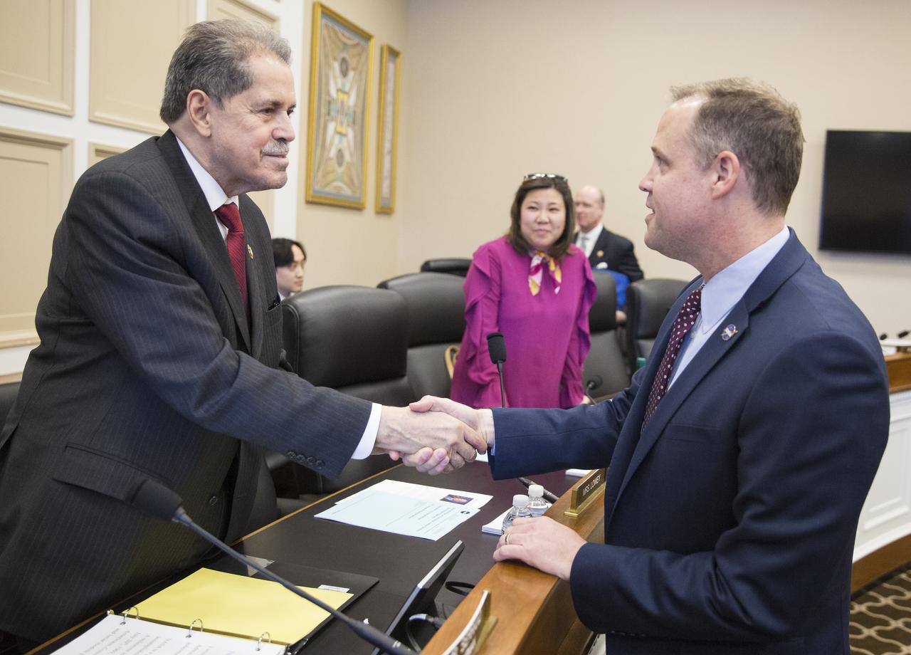 NASA Administrator Jim Bridenstine, right, is seen with Representative José Serrano, D-NY, Chairman of the House Appropriations Committee's Commerce, Justice, Science, and Related Agencies Subcommittee prior to a hearing to review the Fiscal Year 2020 funding request and budget justification for the agency, Wednesday, March 27, 2019 in the Rayburn House Office Building in Washington. Photo Credit: (NASA/Joel Kowsky)