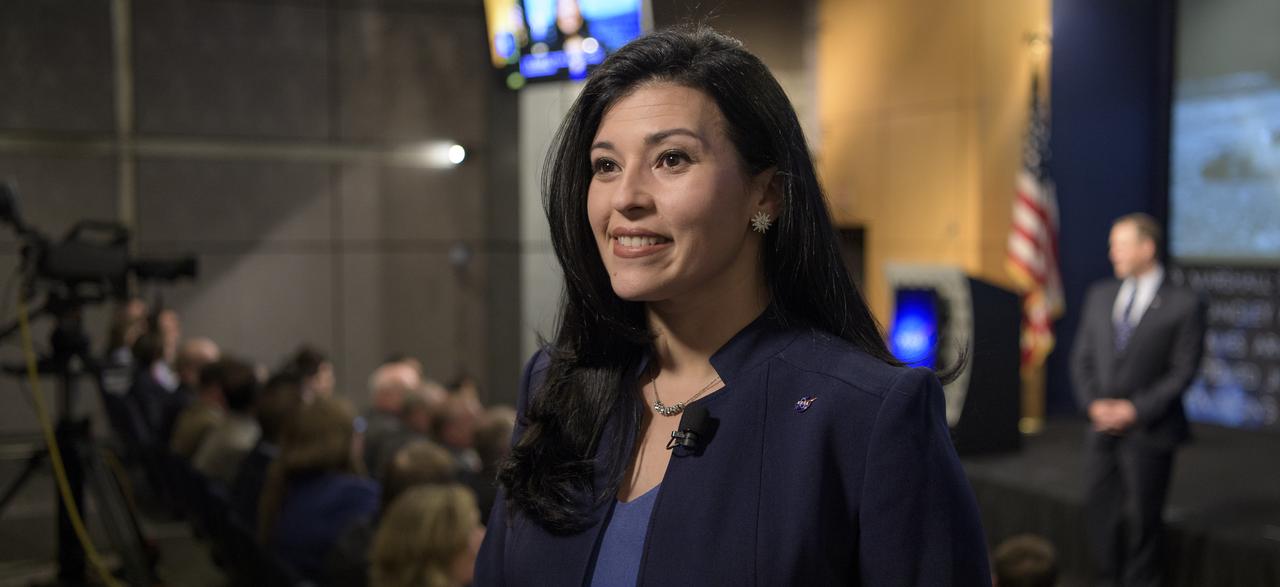 NASA Associate Administrator for the Office of Communications Bettina Inclán moderates a NASA town hall event, Monday, April 1, 2019 at NASA Headquarters in Washington. Photo Credit: (NASA/Bill Ingalls)
