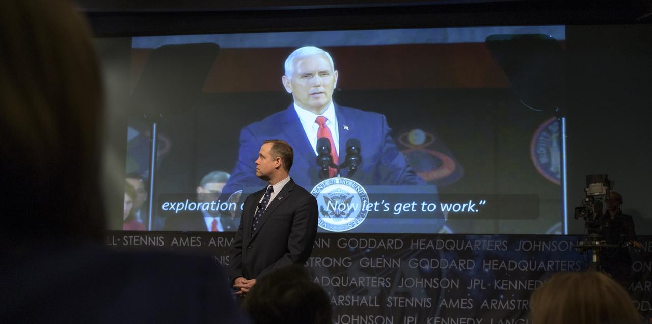 NASA Administrator Jim Bridenstine watches a video featuring Vice President Mike Pence during a NASA town hall event, Monday, April 1, 2019 at NASA Headquarters in Washington. Photo Credit: (NASA/Bill Ingalls)