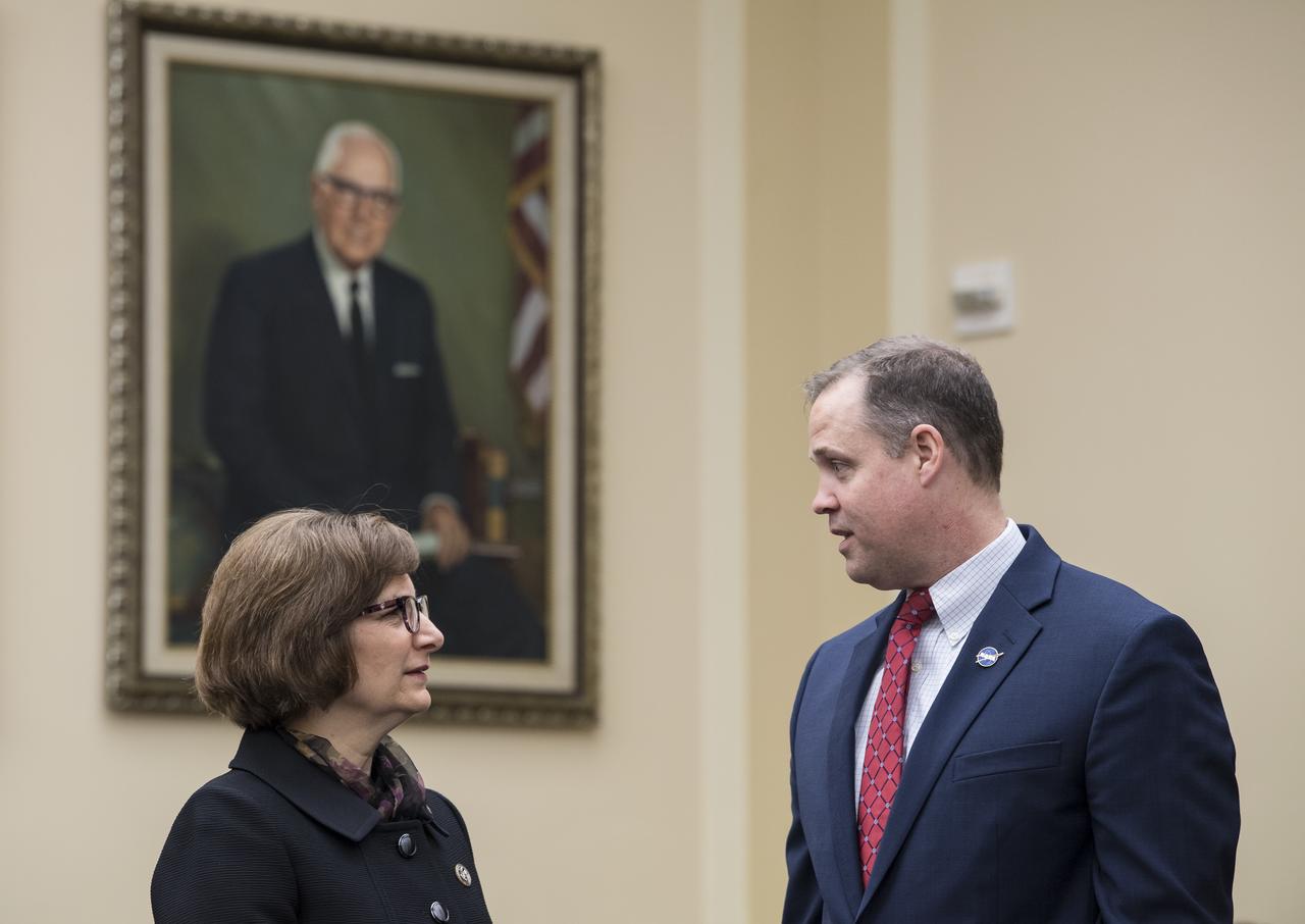 NASA Administrator Jim Bridenstine, right, speaks with Congress members just before testifying during a House Committee on Science, Space, and Technology hearing to review the Fiscal Year 2020 budget request for the National Aeronautics and Space Administration, Tuesday, April 2, 2019 at the Rayburn House Office Building in Washington. Photo Credit: (NASA/Aubrey Gemignani)