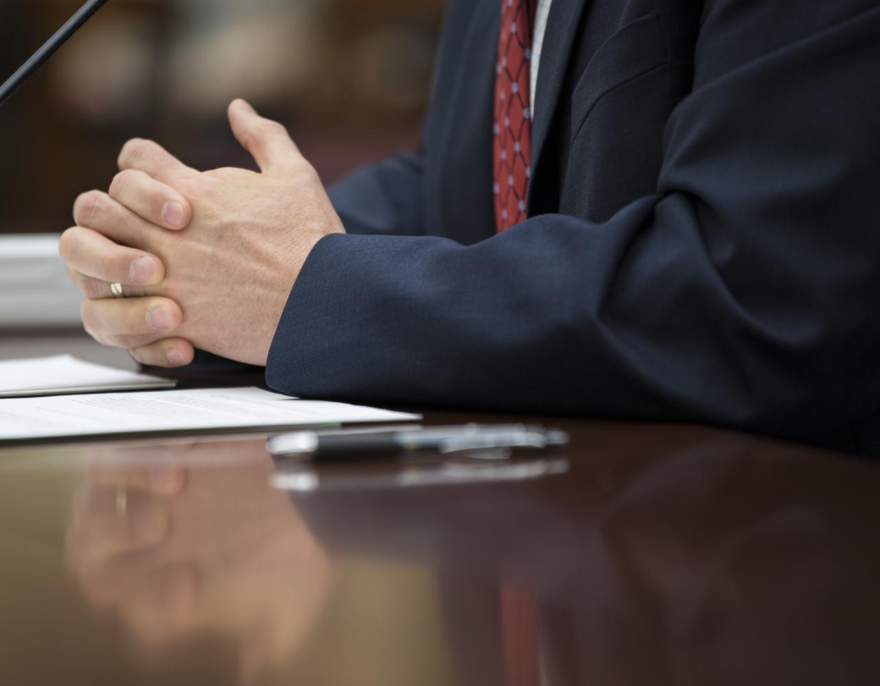 NASA Administrator Jim Bridenstine's hands are seen as he testifies during a House Committee on Science, Space, and Technology hearing to review the Fiscal Year 2020 budget request for the National Aeronautics and Space Administration, Tuesday, April 2, 2019 at the Rayburn House Office Building in Washington. Photo Credit: (NASA/Aubrey Gemignani)
