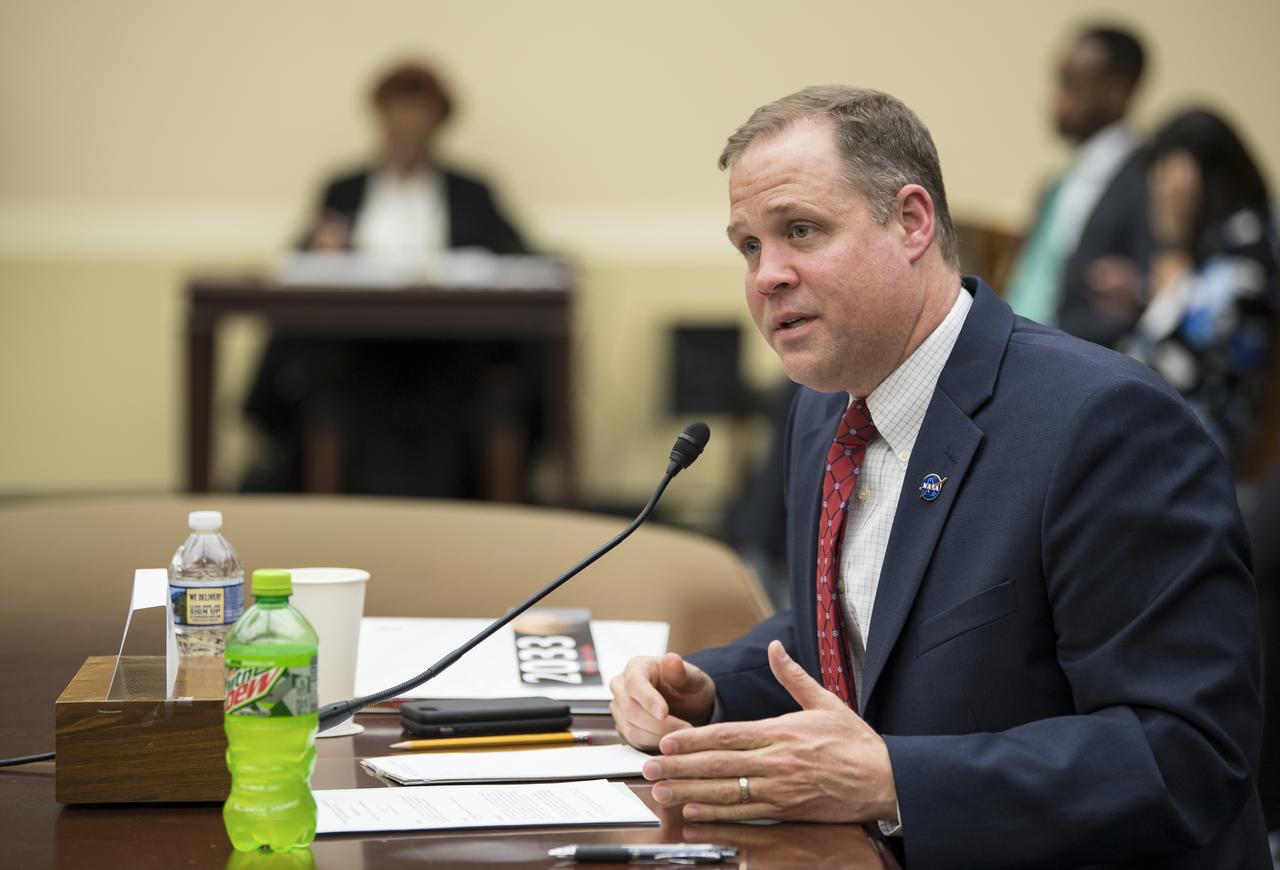 NASA Administrator Jim Bridenstine testifies during a House Committee on Science, Space, and Technology hearing to review the Fiscal Year 2020 budget request for the National Aeronautics and Space Administration, Tuesday, April 2, 2019 at the Rayburn House Office Building in Washington. Photo Credit: (NASA/Aubrey Gemignani)