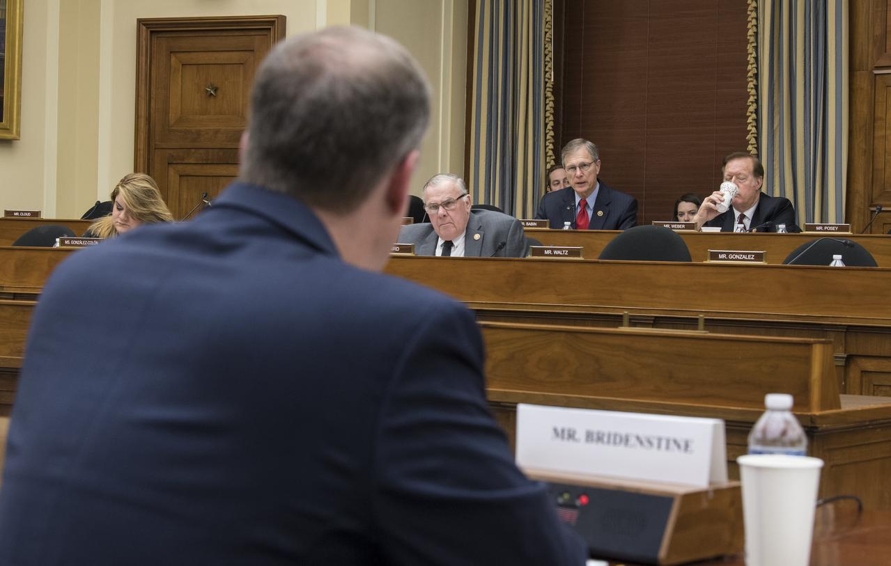 U.S. Rep. Brian Babin, R-Texas, asks NASA Administrator Jim Bridenstine a question during a House Committee on Science, Space, and Technology hearing to review the Fiscal Year 2020 budget request for the National Aeronautics and Space Administration, Tuesday, April 2, 2019 at the Rayburn House Office Building in Washington. Photo Credit: (NASA/Aubrey Gemignani)