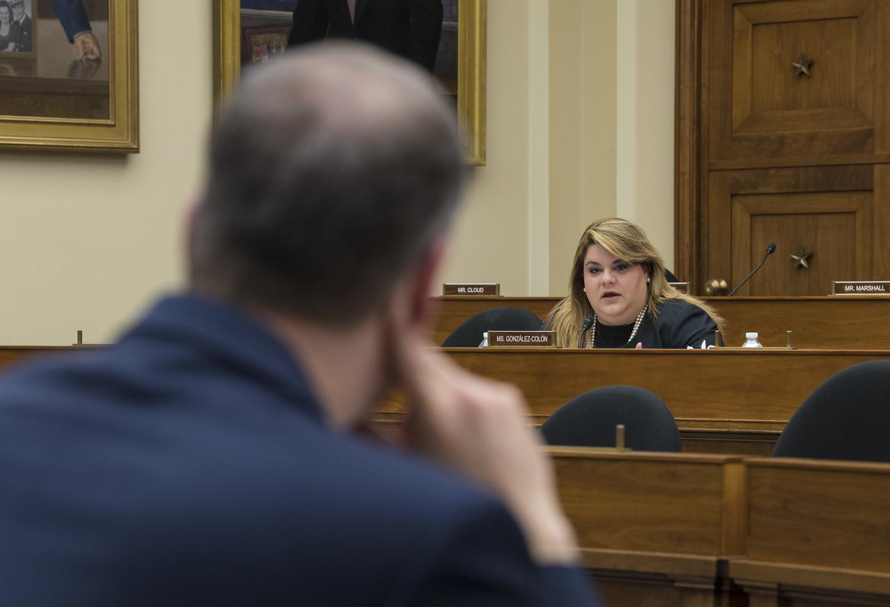 Resident Commissioner Jenniffer González-Colón, R-Puerto Rico, asks NASA Administrator Jim Bridenstine a question during a House Committee on Science, Space, and Technology hearing to review the Fiscal Year 2020 budget request for the National Aeronautics and Space Administration, Tuesday, April 2, 2019 at the Rayburn House Office Building in Washington. Photo Credit: (NASA/Aubrey Gemignani)