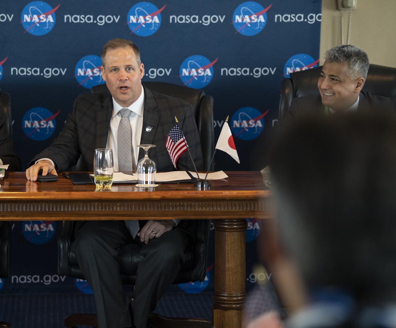 NASA Administrator Jim Bridenstine speaks with Japan Aerospace Exploration Agency (JAXA) President, Hiroshi Yamakawa, about opportunities to work together in human and robotic exploration at the lunar surface and around the Moon, at the Space Symposium, Monday, April 8, 2019 in Colorado Springs, Colorado. They also discussed the two agencies’ asteroid sample return missions, OSIRIS-REx AND Hayabusa-2, and how they are looking forward to sharing the data and results from those missions. Photo Credit: (NASA/Aubrey Gemignani)