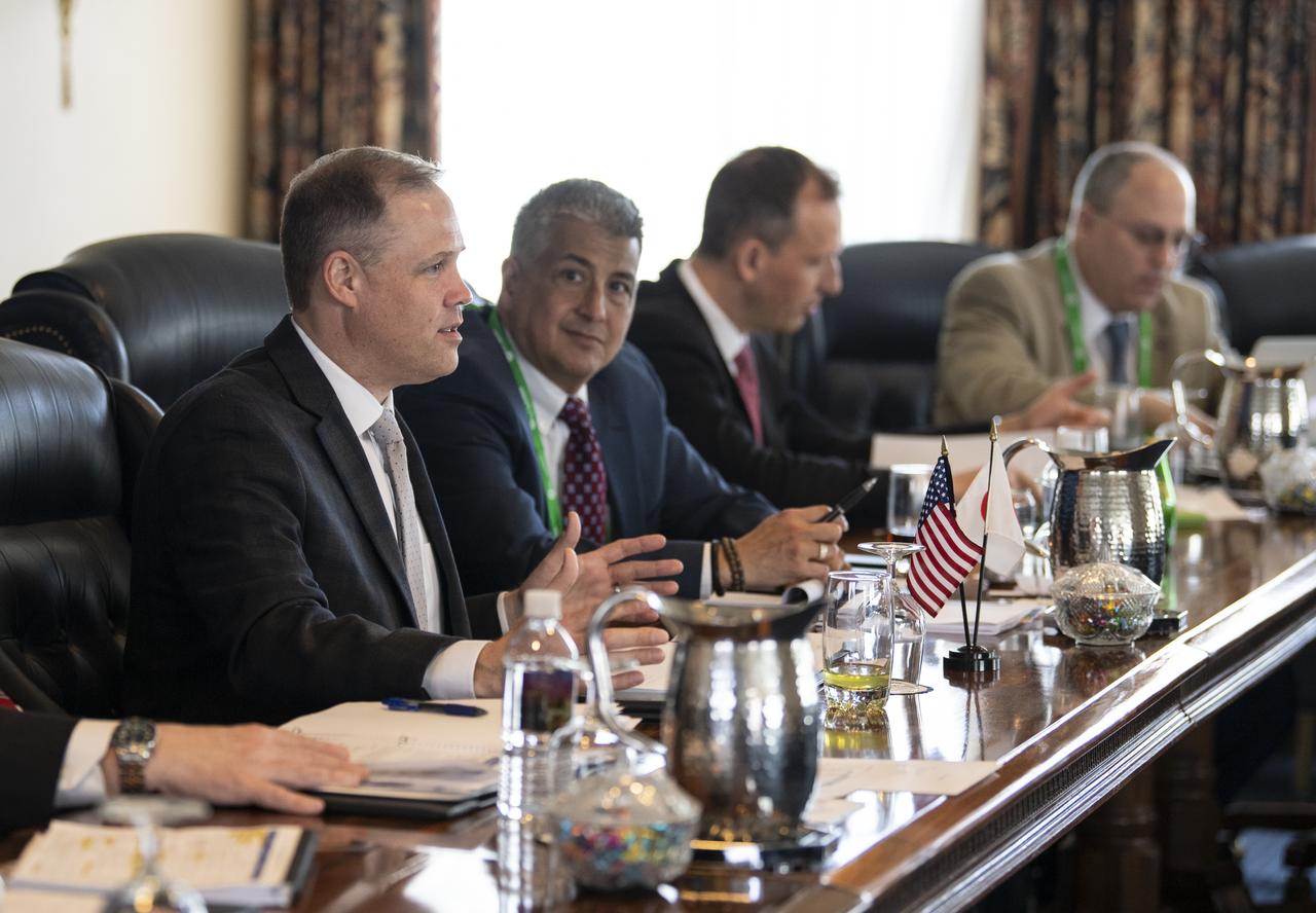 NASA Administrator Jim Bridenstine, left, speaks with Japan Aerospace Exploration Agency (JAXA) President, Hiroshi Yamakawa, about opportunities to work together in human and robotic exploration at the lunar surface and around the Moon, at the Space Symposium, Monday, April 8, 2019 in Colorado Springs, Colorado. They also discussed the two agencies’ asteroid sample return missions, OSIRIS-REx AND Hayabusa-2, and how they are looking forward to sharing the data and results from those missions. Photo Credit: (NASA/Aubrey Gemignani)